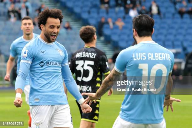 Felipe Anderson of SS Lazio celebrates after Francesco Caputo of Empoli FC scored an own goal, their sides first goal during the Serie A match...