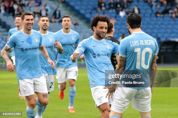 Felipe Anderson of SS Lazio celebrates after Francesco Caputo of Empoli FC scored an own goal, their sides first goal during the Serie A match...