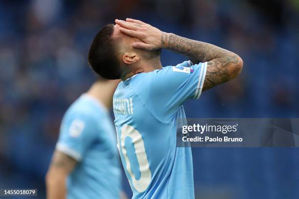 Mattia Zaccagni of SS Lazio reacts after a missed chance during the Serie A match between SS Lazio and Empoli FC at Stadio Olimpico on January 08,...