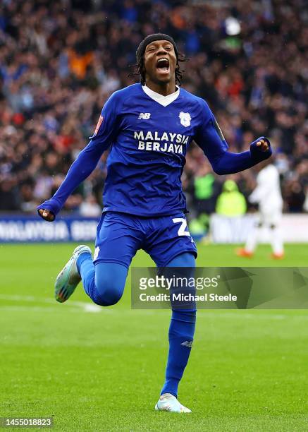 Jaden Philogene-Bidace of Cardiff City celebrates after scoring the team's first goal during the Emirates FA Cup Third Round match between Cardiff...