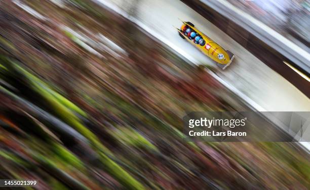 Francesco Friedrich, Thorsten Margis, Candy Bauer and Alexander Schueller compete in the 4-man Bobsleigh during the BMW IBSF Skeleton World Cup at...