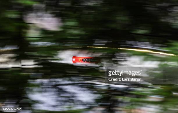 Chunjian Li, Song Ding, Jielong Ye and Qingze Wu of China compete in the 4-man Bobsleigh during the BMW IBSF Skeleton World Cup at Veltins Eis-Arena...