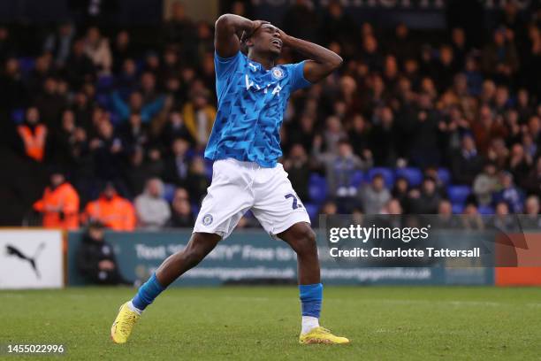 Isaac Olaofe of Stockport County reacts after a missed chance during the Emirates FA Cup Third Round match between Stockport County and Walsall at...