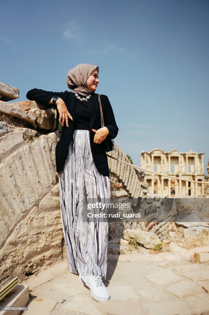 Tourist Woman Enjoy Exploring the Ancient City of Ephesus,