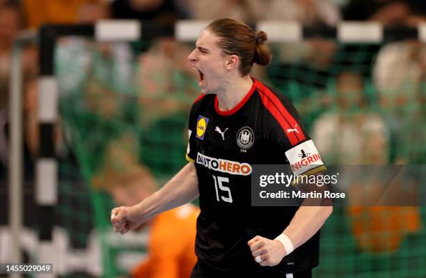 Juri Knorr of Germany celebrates after scoring a goal during the handball international friendly match between Germany and Iceland at ZAG-Arena on...