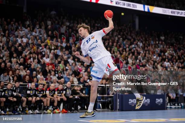 Sigvaldi Gudjonsson of Iceland throws a ball during the handball international friendly match between Germany and Iceland at ZAG-Arena on January 08,...