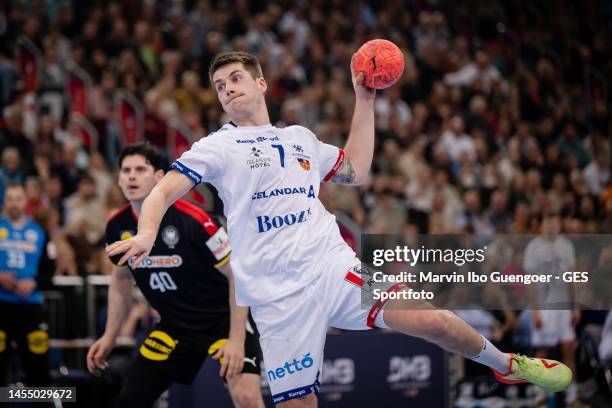 Viggo Kristjansson of Iceland throws a ball during the handball international friendly match between Germany and Iceland at ZAG-Arena on January 08,...