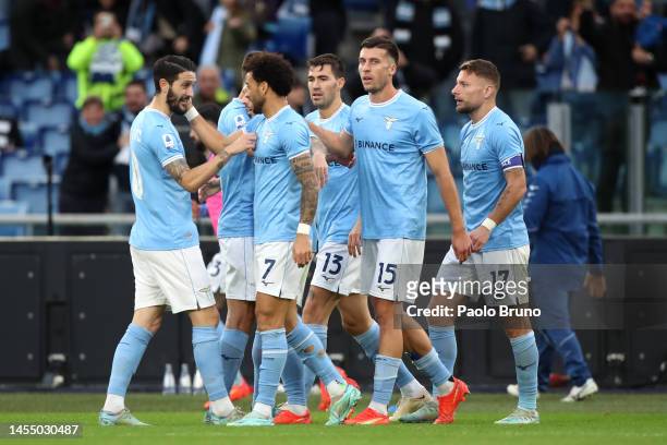 Mattia Zaccagni of SS Lazio celebrates with teammates after scoring the team's second goal during the Serie A match between SS Lazio and Empoli FC at...
