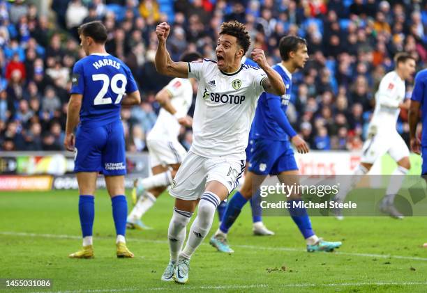 Rodrigo Moreno of Leeds United celebrates after scoring the team's first goal during the Emirates FA Cup Third Round match between Cardiff City and...