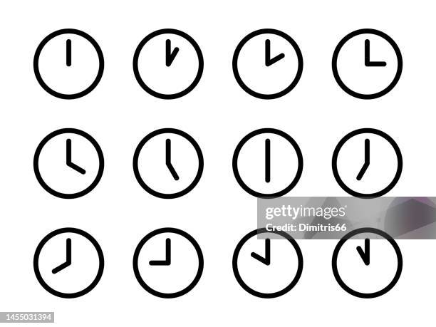 world time clocks icon set. twelve clocks showing time form one to twelve hours - time zone stock illustrations