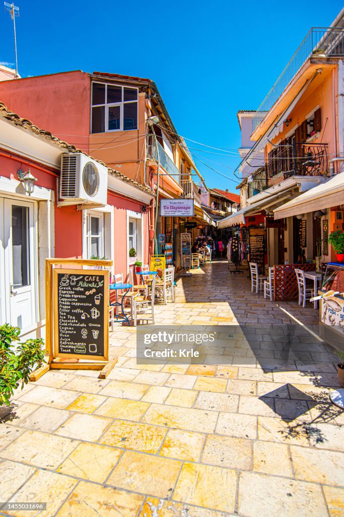 The Paxos Island, Greece, Gaios beautiful cozy town, buildings, streets, doors, architecture, exteriors, flowers, balconies in summer
