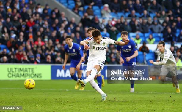 Rodrigo Moreno of Leeds United takes a penalty that is saved by Jak Alnwick of Cardiff City during the Emirates FA Cup Third Round match between...