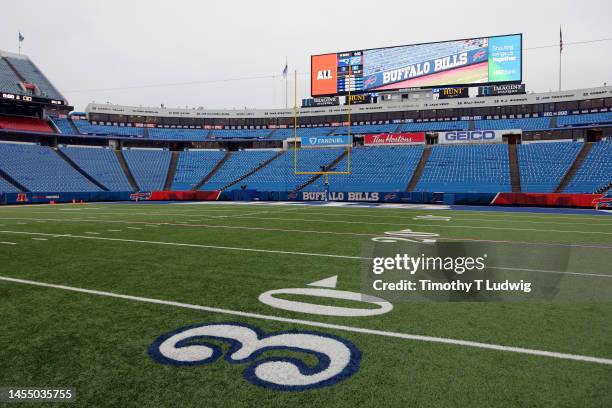 Detailed view of the painted 30-yard line to honor Damar Hamlin of the Buffalo Bills prior to a game between New England Patriots and the Buffalo...