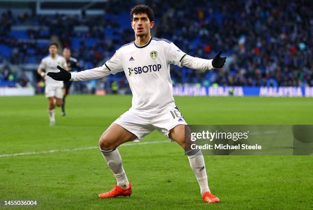 Sonny Perkins of Leeds United celebrates after scoring the team's second goal during the Emirates FA Cup Third Round match between Cardiff City and...
