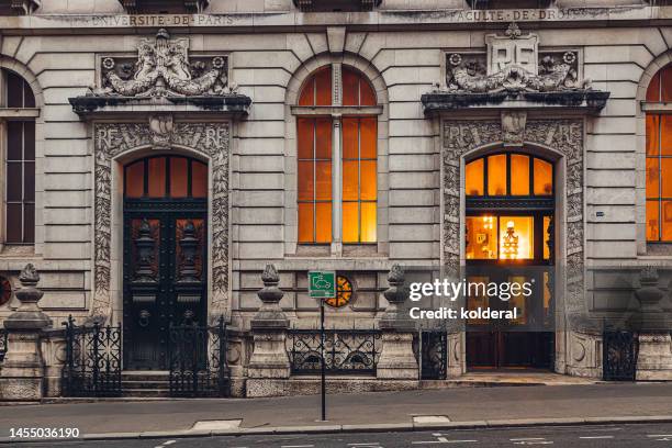 university of paris - sorbonne, classical building facade during twilight - la sorbonne paris stock pictures, royalty-free photos & images