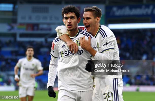 Sonny Perkins of Leeds United celebrates with teammate Maximilian Woeber after scoring the team's second goal during the Emirates FA Cup Third Round...