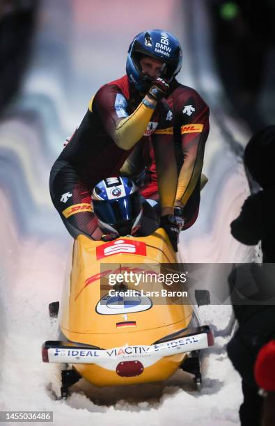 Francesco Friedrich, Thorsten Margis, Candy Bauer and Alexander Schueller celebrate after winning the 4-man Bobsleigh during the BMW IBSF Skeleton...