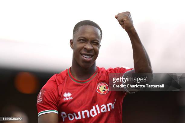 Liam Gordon of Walsall celebrates after the team's victory during the Emirates FA Cup Third Round match between Stockport County and Walsall at...