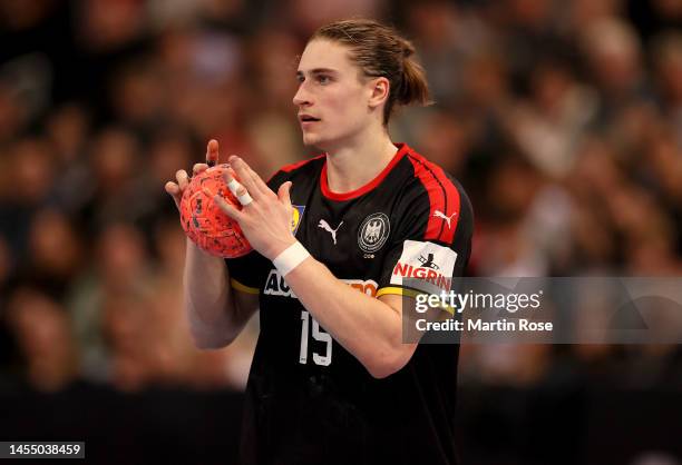 Juri Knorr of Germany controls the ball during the handball international friendly match between Germany and Iceland at ZAG-Arena on January 08, 2023...