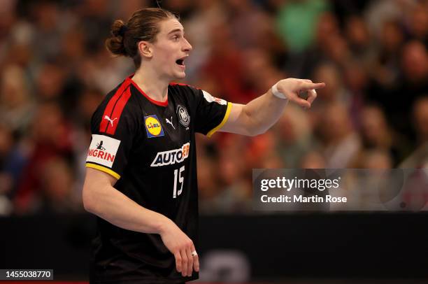 Juri Knorr of Germany controls gestures during the handball international friendly match between Germany and Iceland at ZAG-Arena on January 08, 2023...