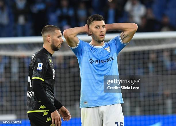 Nicolò Casale of SS Lazio looks dejected at the end of the Serie A match between SS Lazio and Empoli FC at Stadio Olimpico on January 08, 2023 in...