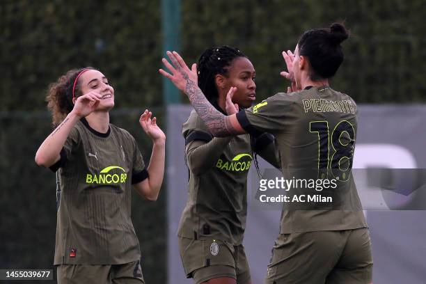 Lindsey Thomas of AC Milan celebrates with her teammates after scoring a goal during the Women Coppa Italia match between SS Lazio and AC Milan at SS...