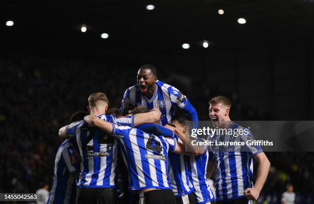 Josh Windass of Sheffield Wednesday celebrates with team mates after scoring their sides second goalduring the Emirates FA Cup Third Round match...