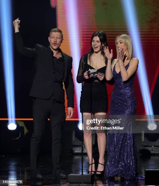 Oliver Flynn, Leah Gotti and Sky Pierce present an award during the 2023 Adult Video News Awards at Resorts World Las Vegas on January 07, 2023 in...