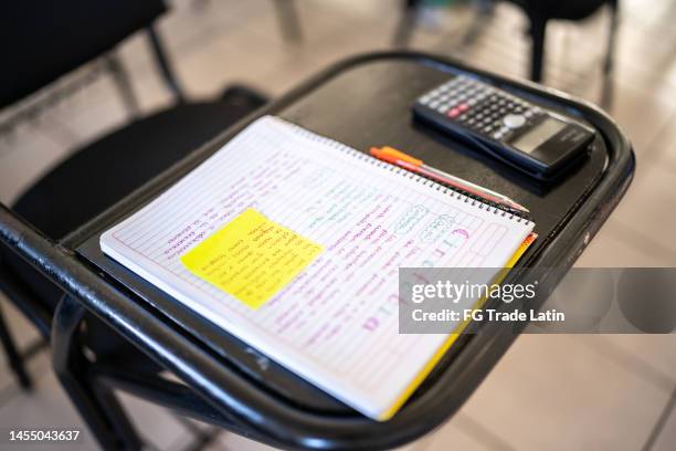 close-up of school supplies in the classroom at university - annotation stock pictures, royalty-free photos & images