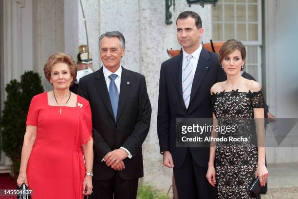 Maria Cavaco Silva, Anibal Cavaco Silva, Prince Felipe of Spain and Princess Letizia of Spain at Queluz Palace during the Spanish Royals visit to...