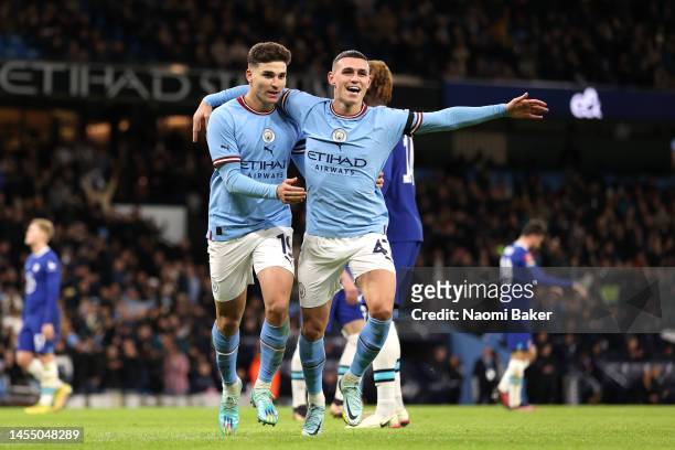 Julian Alvarez of Manchester City celebrates after scoring the team's second goal during the Emirates FA Cup Third Round match between Manchester...