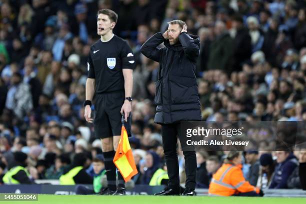 Graham Potter, Manager of Chelsea, reacts during the Emirates FA Cup Third Round match between Manchester City and Chelsea at Etihad Stadium on...