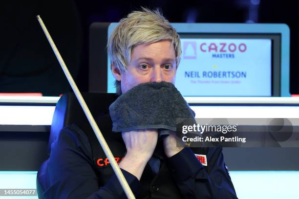 Neil Robertson of Australia reacts during his first round match against Shaun Murphy of England at Alexandra Palace on January 08, 2023 in London,...