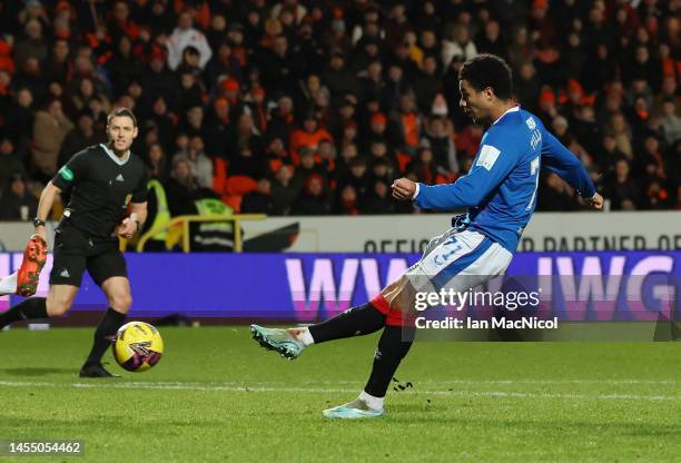 Malik Tillman of Rangers scores his team's second goal during the Cinch Scottish Premiership match between Dundee United and Rangers FC at on January...