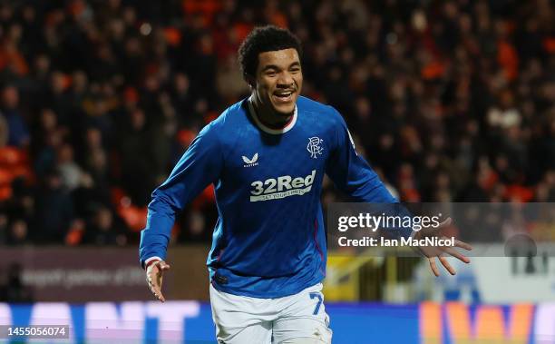 Malik Tillman of Rangers celebrates after he scores his team's second goal during the Cinch Scottish Premiership match between Dundee United and...