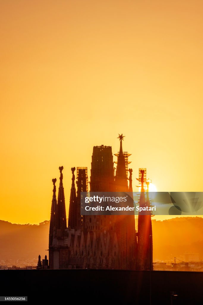 Silhouette of Sagrada Familia church at sunset, Barcelona, Spain