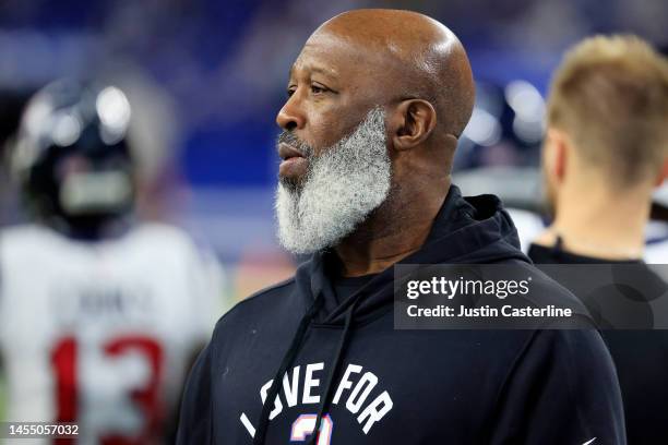 Head Coach Lovie Smith of the Houston Texans looks on prior to the game against the Indianapolis Colts at Lucas Oil Stadium on January 08, 2023 in...