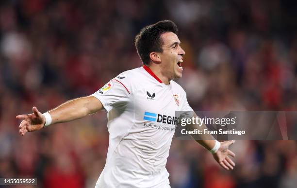 Marcos Acuna of Sevilla FC celebrates after scoring the team's first goal during the LaLiga Santander match between Sevilla FC and Getafe CF at...