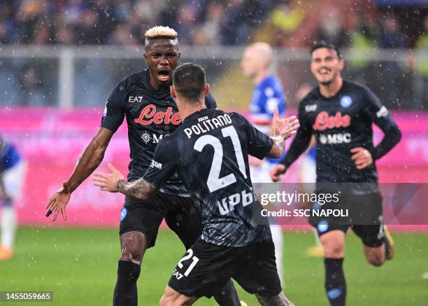 Vìctor Osimhen of Napoli celebrates after scoring his team's first goal of Napoli during the Serie A match between UC Sampdoria and SSC Napoli at...