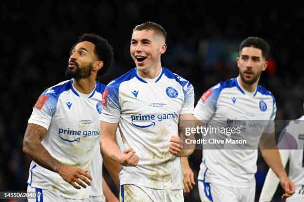 Dean Campbell of Stevenage celebrates after scoring the team's second goal during the Emirates FA Cup Third Round match between Aston Villa and...