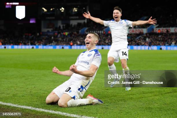 Dean Campbell of Stevenage celebrates after scoring his side's second goal during the Emirates FA Cup Third Round match between Aston Villa and...