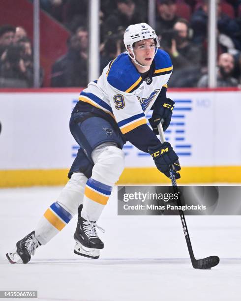 Tyler Pitlick of the St. Louis Blues skates during the first period against the Montreal Canadiens at Centre Bell on January 7, 2023 in Montreal,...