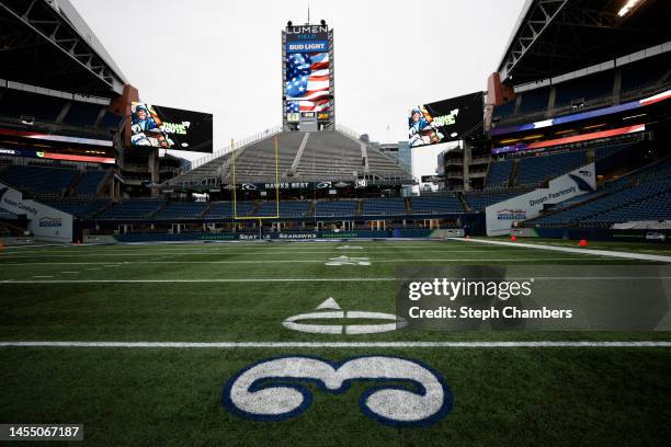 The number three outlined in blue prior to the game between the Los Angeles Rams and Seattle Seahawks at Lumen Field on January 08, 2023 in Seattle,...