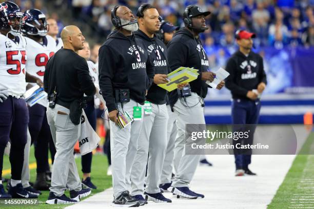 Head Coach Lovie Smith of the Houston Texans wears a sweatshirt in support of Buffalo Bills safety Damar Hamlin during the first half of the game...