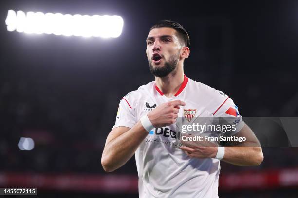 Rafa Mir of Sevilla FC celebrates after scoring the team's second goal during the LaLiga Santander match between Sevilla FC and Getafe CF at Estadio...