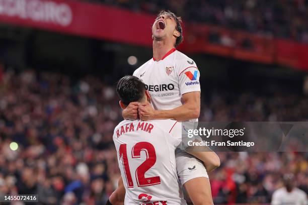 Rafa Mir of Sevilla FC celebrates with Oliver Torres after scoring the team's second goal during the LaLiga Santander match between Sevilla FC and...