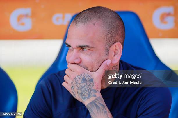 Dani Alves of Pumas looks on during the 1st round match between Pumas UNAM and FC Juarez as part of the Torneo Clausura 2023 Liga MX at Olimpico...