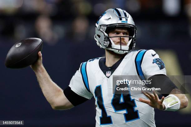 Sam Darnold of the Carolina Panthers throws the ball during the second quarter against the New Orleans Saints at Caesars Superdome on January 08,...