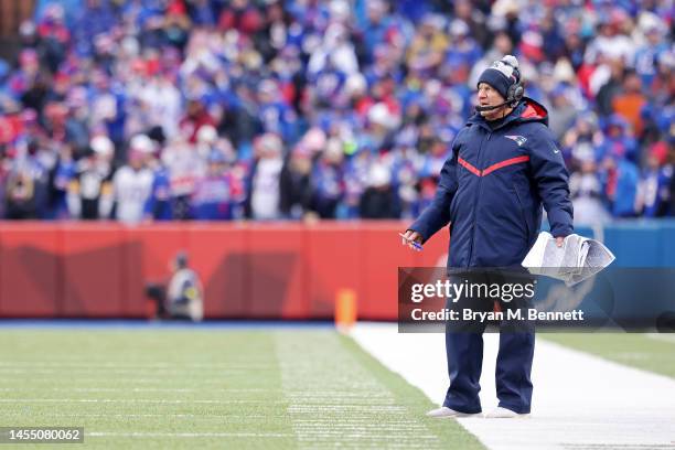 Head coach Bill Belichick of the New England Patriots reacts after calling a timeout during the second quarter against the Buffalo Bills at Highmark...