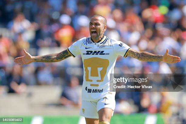 Dani Alves of Pumas UNAM reacts during the 1st round match between Pumas UNAM and FC Juarez as part of the Torneo Clausura 2023 Liga MX at Olimpico...